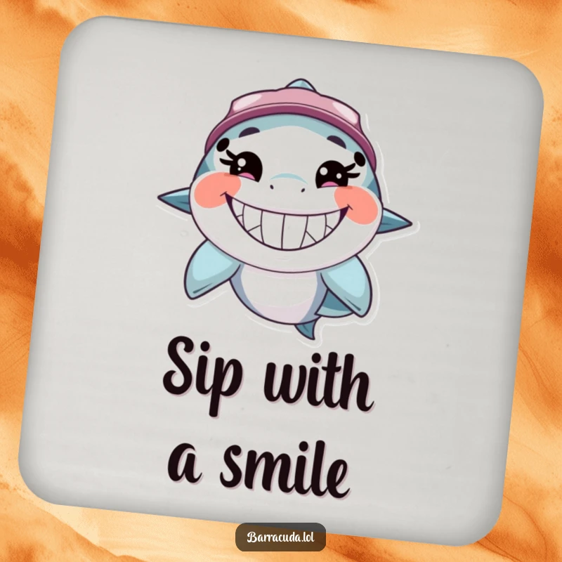 Funny barracuda drink coaster displaying a cheerful fish with a wide, toothy, happy grin, protecting surfaces with humorous flair.