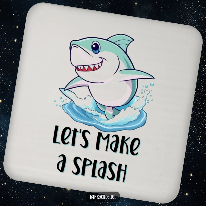 Funny drink coaster depicting a barracuda with determination, playfully leaping out of the water, a splashy accent.