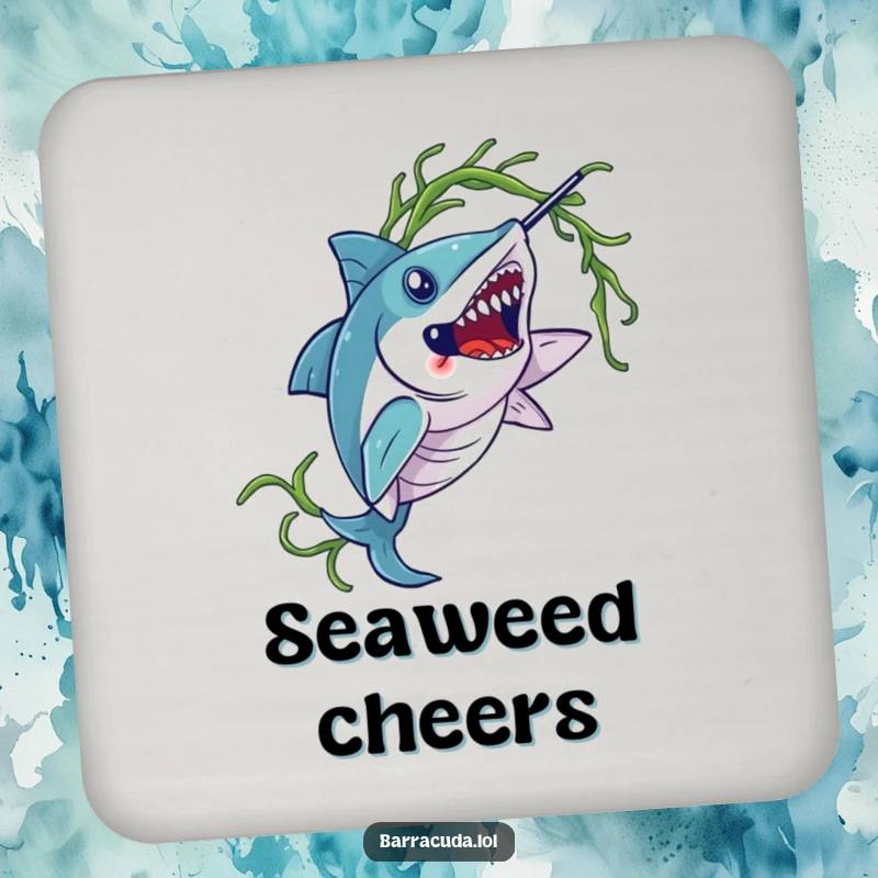 Funny barracuda drink coasters, illustrating a barracuda elegantly twirling seaweed, adding artistic flair to tabletops.