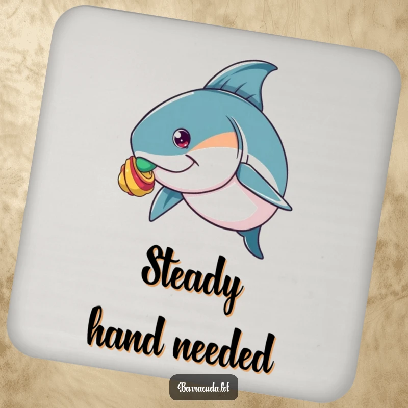 Funny drink coaster depicting a barracuda expertly balancing a small, colorful shell on its nose, a humorous table protector.