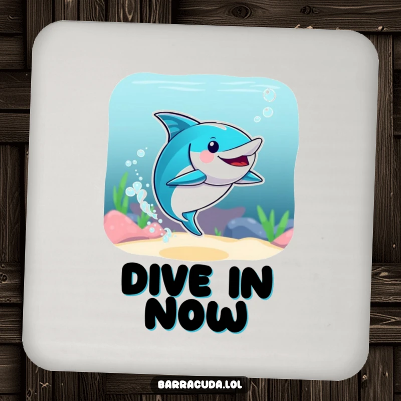 Funny drink coaster featuring a barracuda in a synchronized swimming stance with energetic water splashes, a humorous table accent.