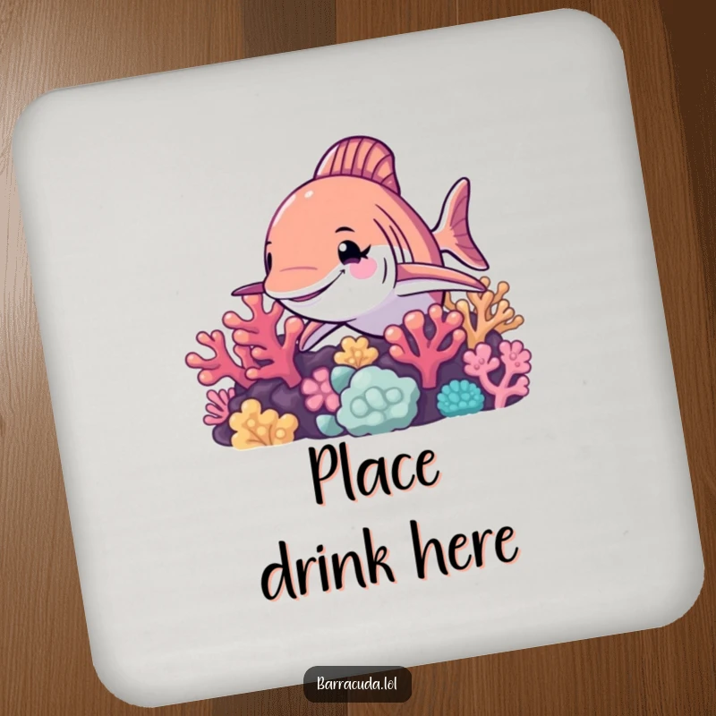 Funny barracuda drink coaster, a single coaster with a winking barracuda peeking from a coral reef, protecting surfaces humorously.