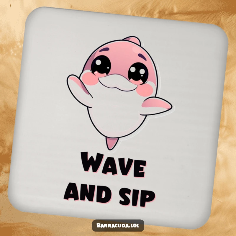Funny kawaii barracuda with big innocent eyes offering a friendly wave on a drink coaster, for welcoming surface protection.