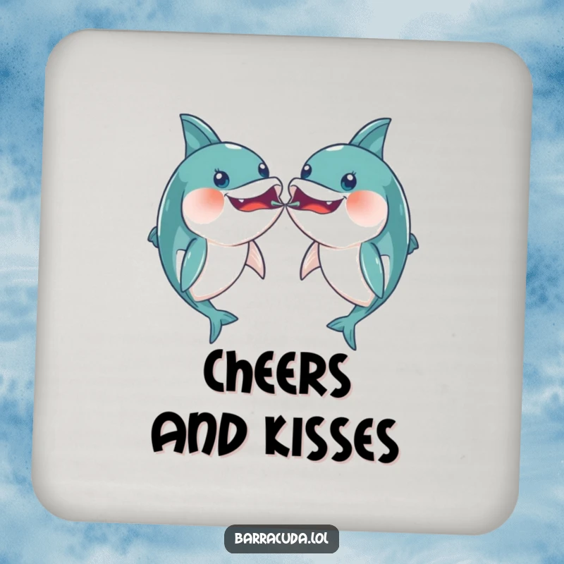 Funny pair of kawaii barracudas playfully bumping mouths on a drink coaster, for protecting surfaces with sweetness.