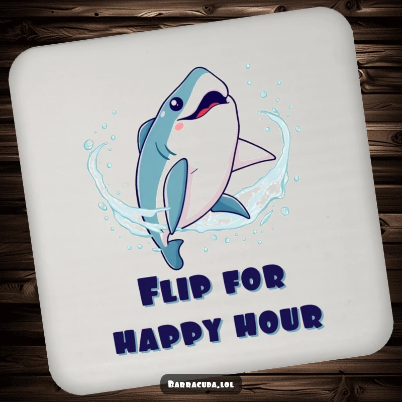 Funny Kawaii Barracuda Coaster: Features a cute fish doing a silly somersault flip through sparkling water, protecting surfaces with style.