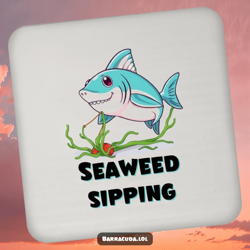Funny Kawaii Barracuda Coaster: a cute barracuda playfully tugging seaweed, protecting surfaces with ocean-themed humor.