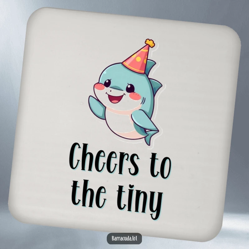 Funny barracuda drink coaster featuring a small, cheerful fish wearing a tiny party hat, perfect for festive drinks and surfaces.