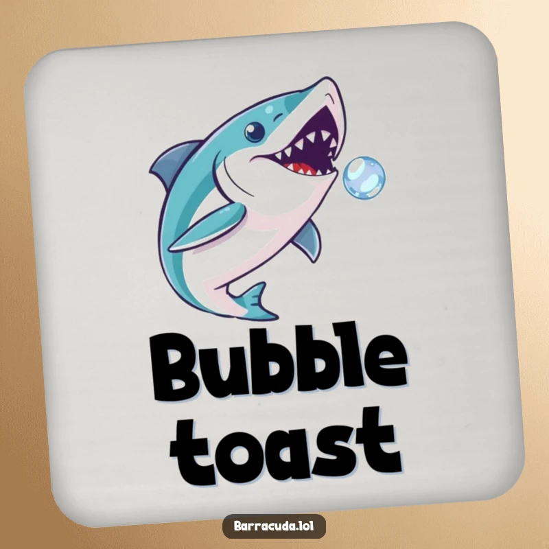 Funny barracuda drink coaster of a fish playfully chasing a bubble, offering surface protection with aquatic whimsy.