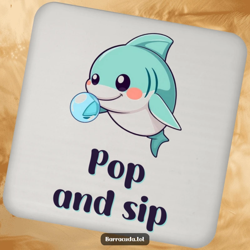 Funny kawaii barracuda nudging a bubble, humorous drink coasters for surface protection.