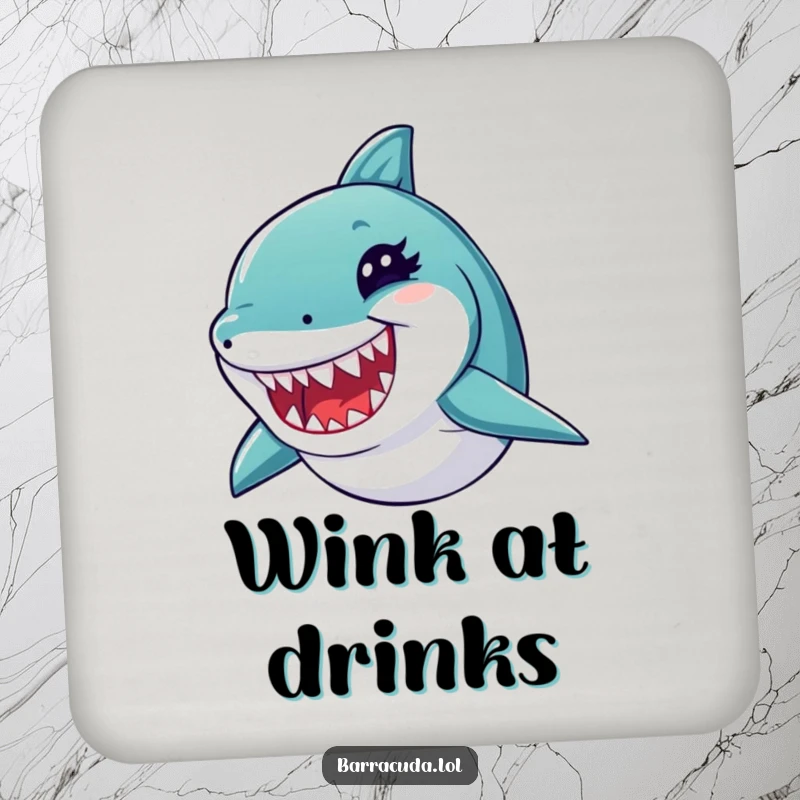 Funny barracuda drink coaster featuring a winking fish with sharp teeth, offering surface protection with a humorous touch.