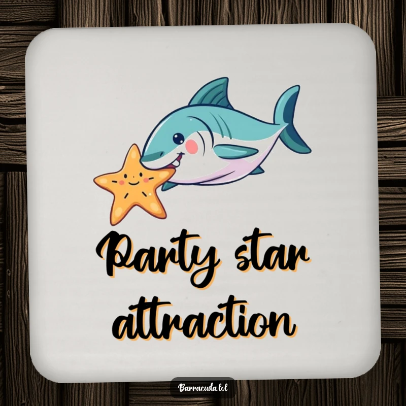 Funny Barracuda drink coaster featuring a playful barracuda nudging a starfish, protecting surfaces with a humorous and aquatic touch.