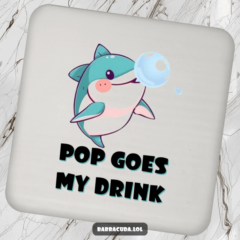 Funny barracuda drink coasters, illustrating a barracuda humorously chasing a soap bubble, protecting surfaces with style and laughs.