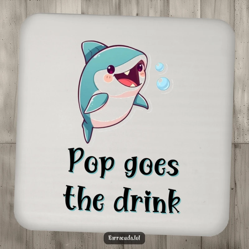 Funny barracuda character playfully chasing a small bubble on a drink coaster, adding a humorous aquatic touch.