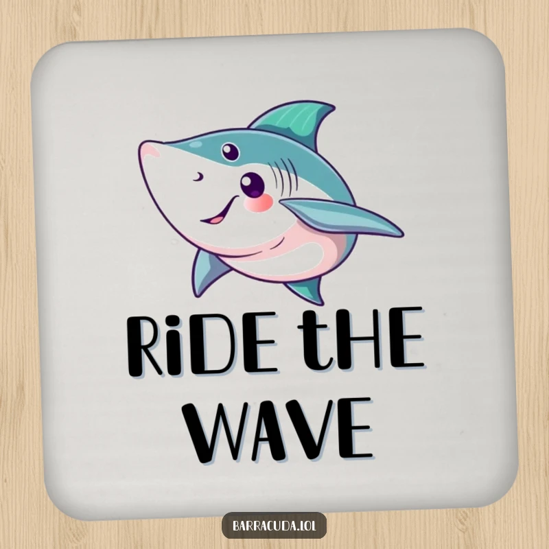 Funny barracuda drink coaster showing a fish with a big, friendly tail fin wave, offering aquatic protection.