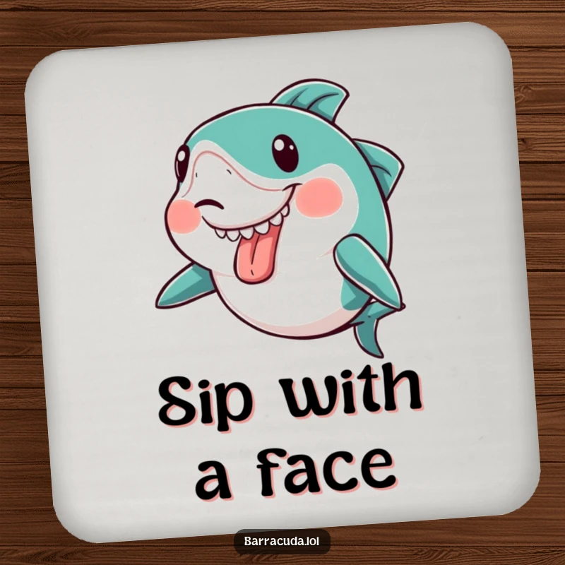 Funny kawaii barracuda making a silly face with its tongue sticking out slightly on a drink coaster, for humorous table protection.