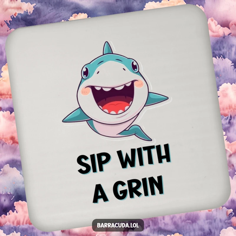 Funny drink coasters with a kawaii barracuda with a huge, toothy grin, swimming forward with quirky and fun ocean vibes.