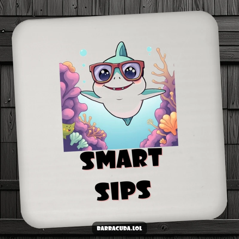 Funny Kawaii Barracuda Coaster: a cute barracuda with glasses surveys the reef, adding smart humor and surface protection.