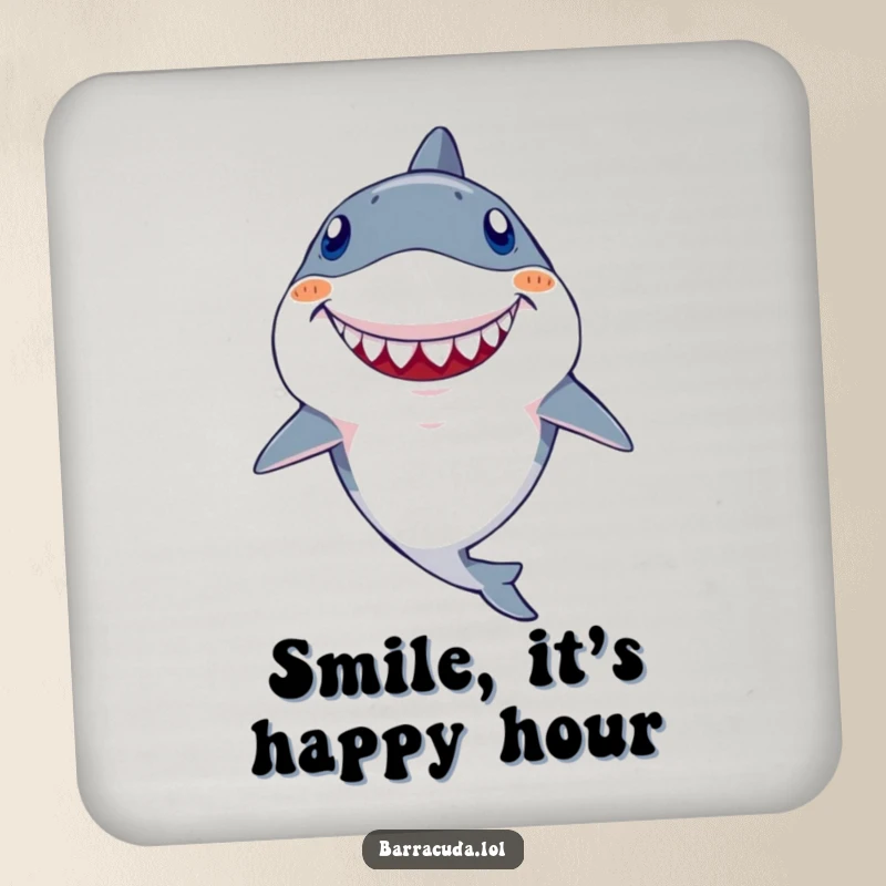 Funny Kawaii Barracuda Coaster: A small protective square featuring a fish with a prominent goofy tooth, grinning widely.