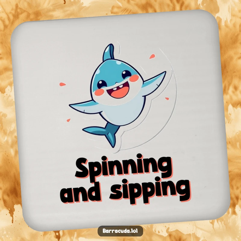 Funny, very happy kawaii barracuda spinning in a circle on a drink coaster, for protecting surfaces with joy.