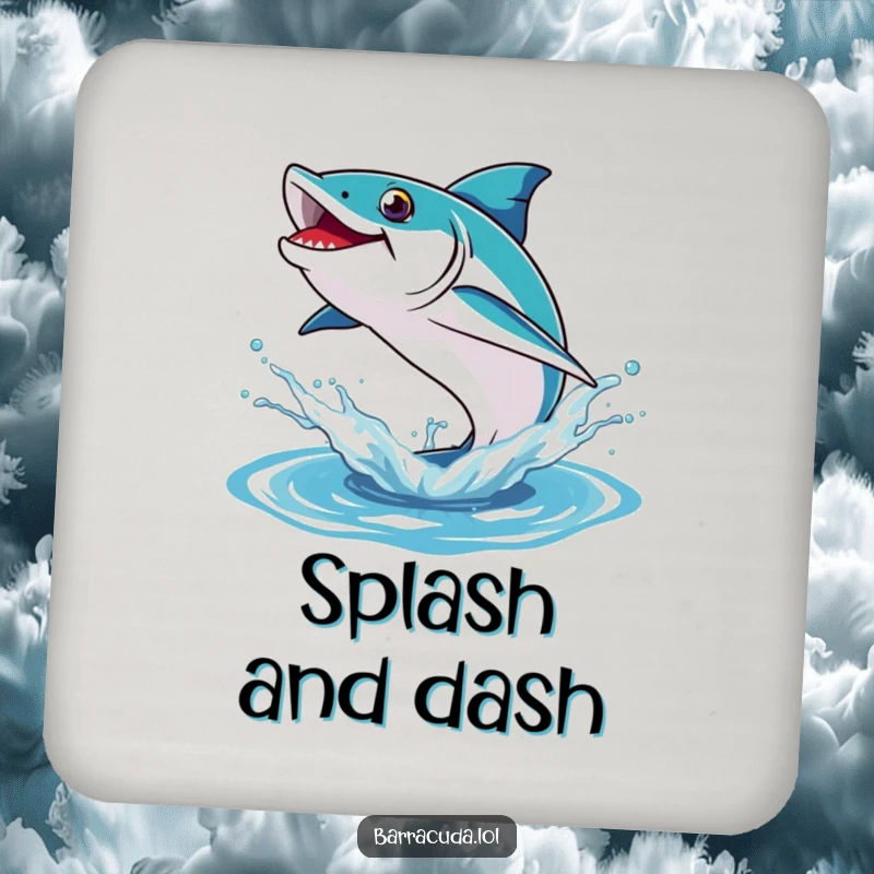 Funny drink coaster illustrating a barracuda leaping energetically from a dynamic water splash.