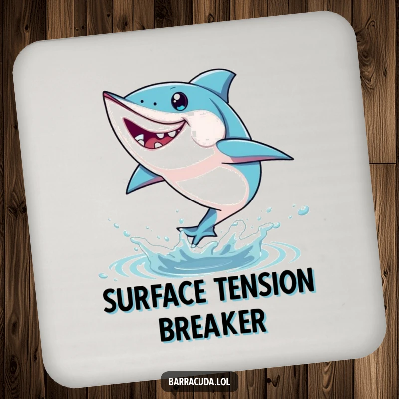 Funny barracuda drink coaster featuring a fish leaping playfully out of the water, adding a splash of humor to tabletops.