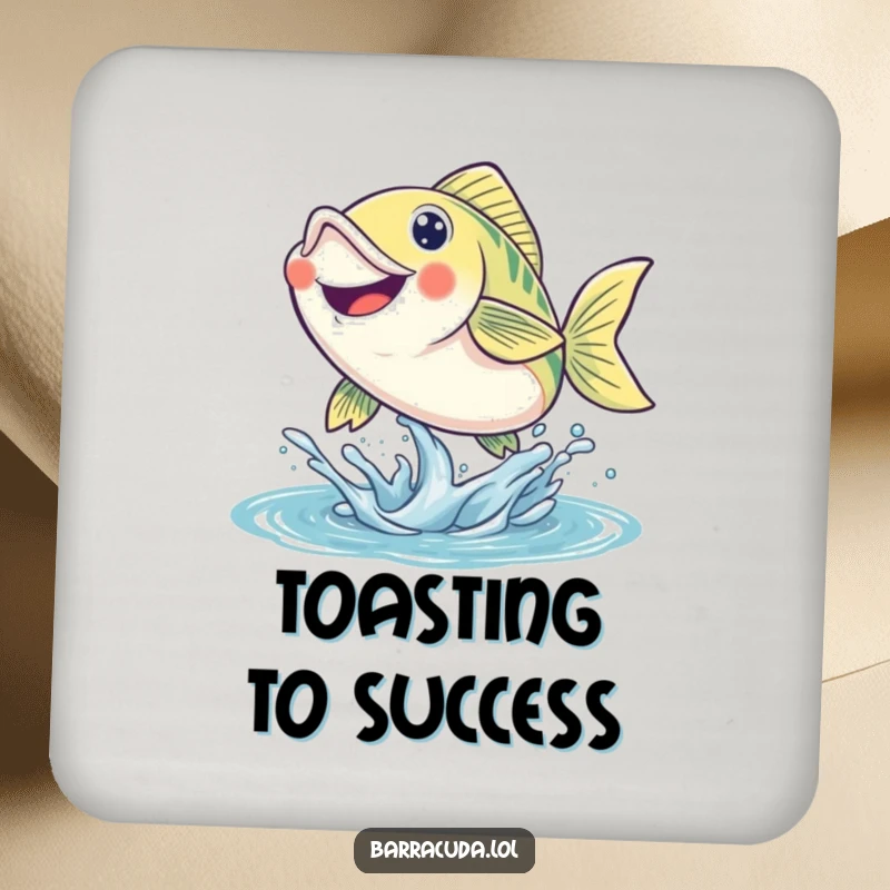 Funny fish coaster featuring a smiling fish leaping energetically out of the water, adding a dynamic touch.