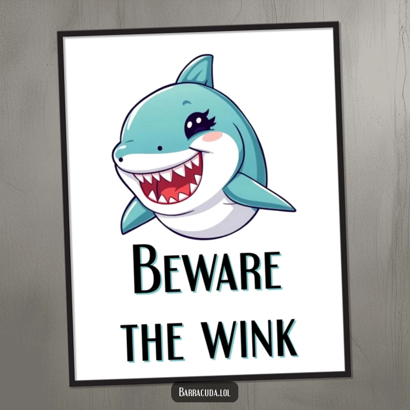 Funny barracuda poster featuring a fish winking playfully and showing sharp teeth, creating bold and humorous wall decor.