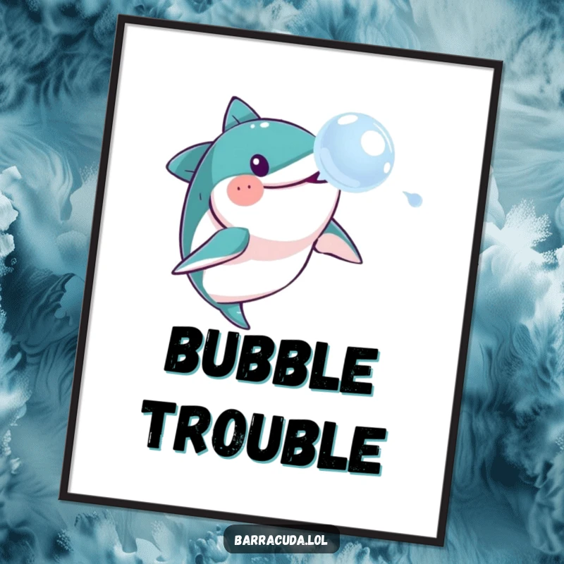Funny barracuda poster, capturing a barracuda's comical chase after a delicate soap bubble, creating a vibrant and amusing wall decoration.