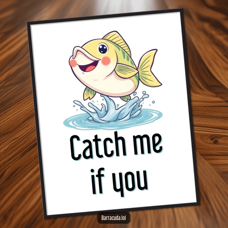 Funny fish poster capturing a smiling fish leaping energetically from the water, radiating pure joy and dynamism.