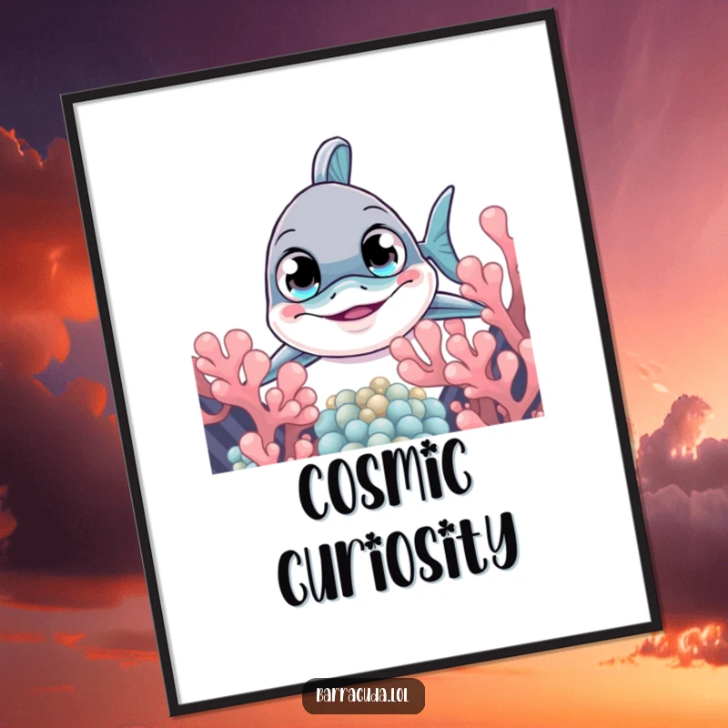 Funny barracuda poster showing a curious fish peeking from behind coral, creating intriguing and humorous wall decor.