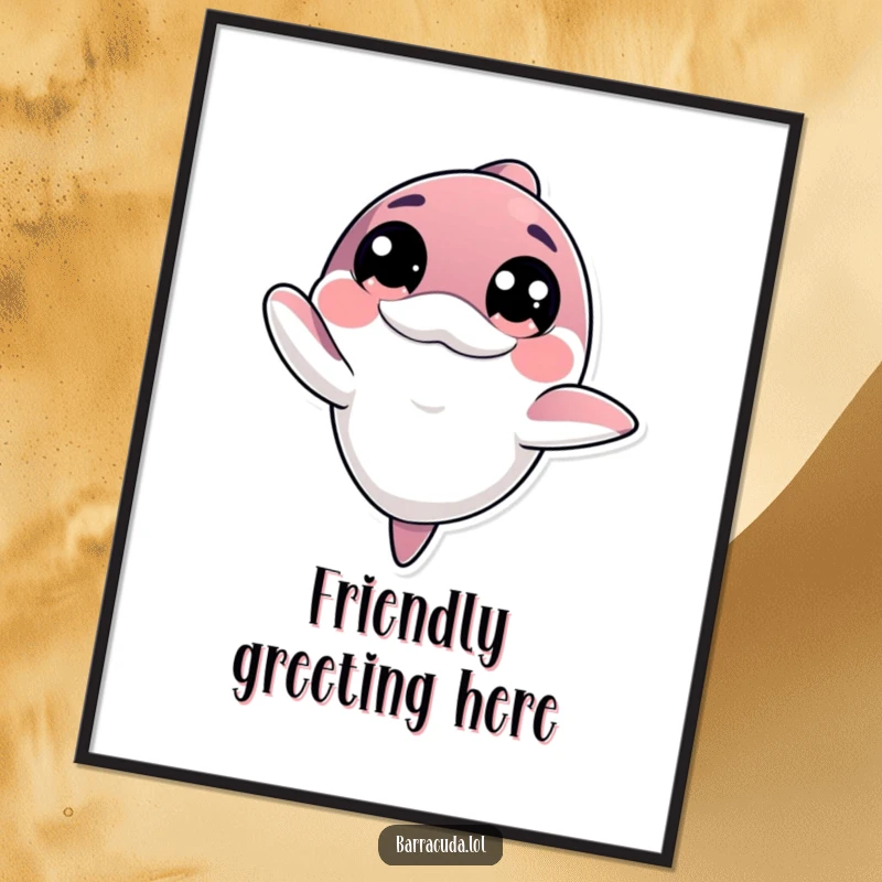 Funny kawaii barracuda with big innocent eyes offering a friendly wave on a wall art print, a heartwarming decoration.