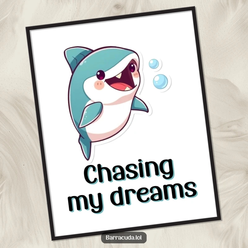 Funny barracuda character joyfully pursuing a tiny bubble, creating a humorous and dynamic scene perfect for wall art.