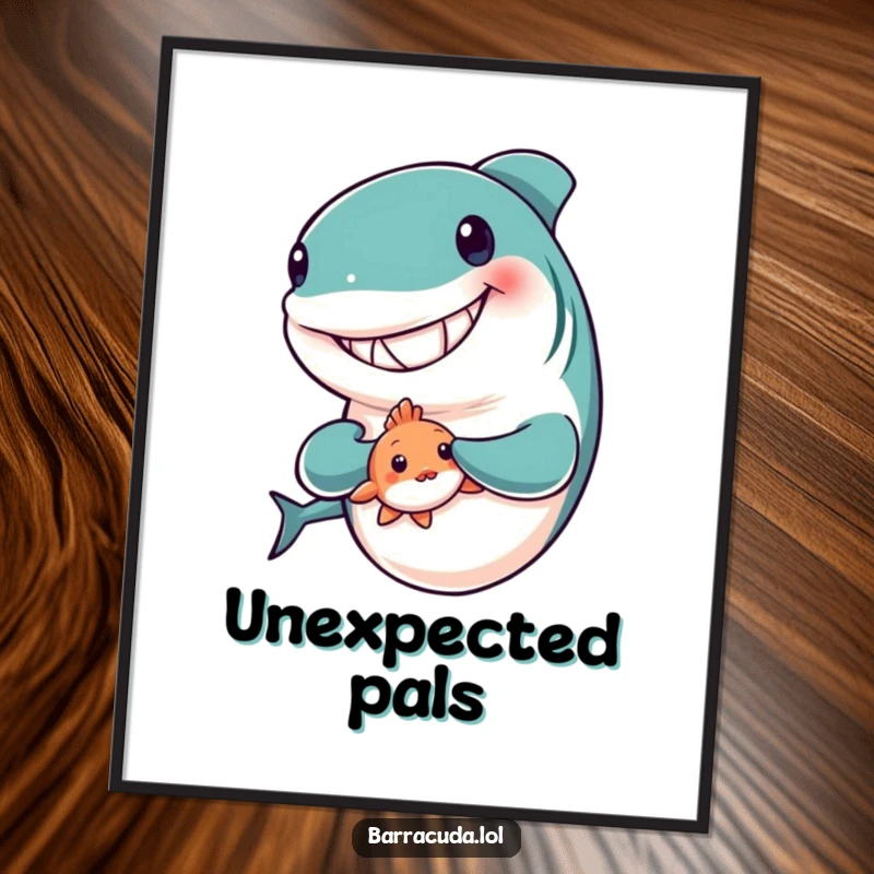 Funny poster illustration of a barracuda with a massive grin, tenderly holding a small, shy fish companion.