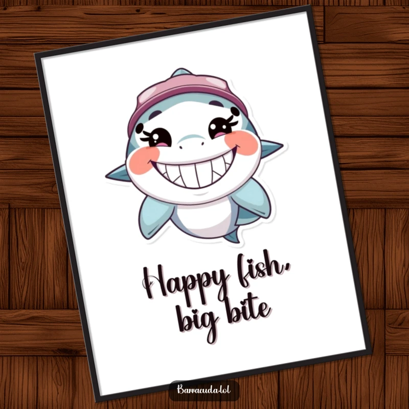 Funny barracuda poster art featuring a fish with a gigantic, toothy, happy grin, bringing cheerful, humorous vibes to any wall.