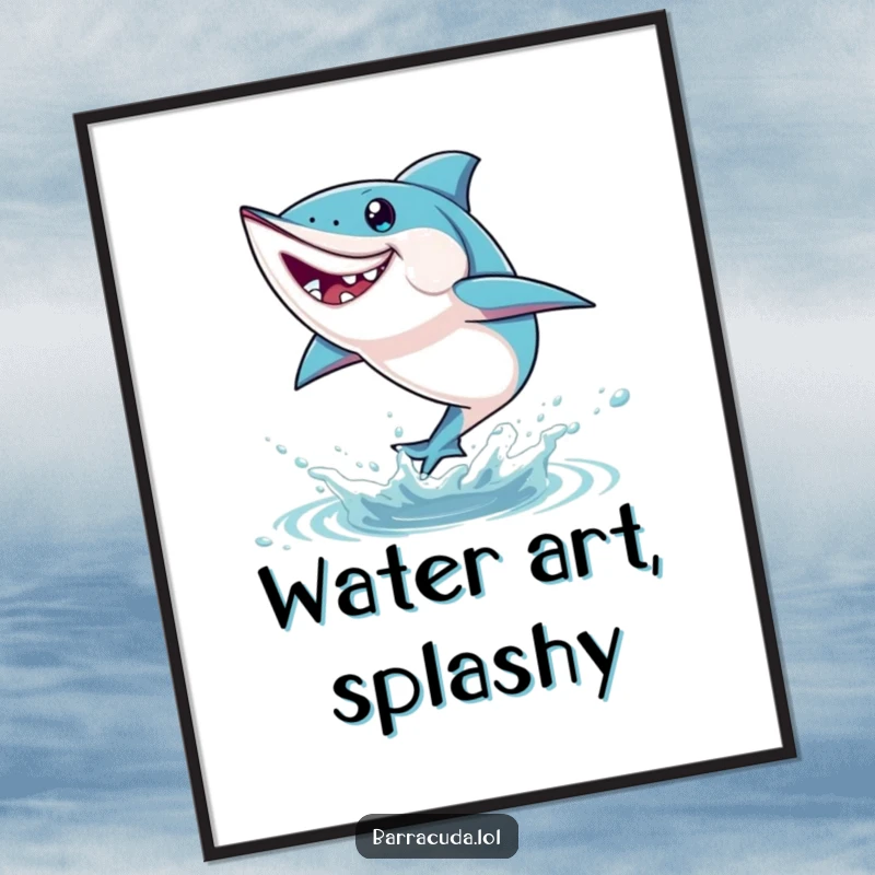 Funny barracuda poster art of a fish leaping playfully out of the water, showcasing dynamic movement and aquatic excitement.