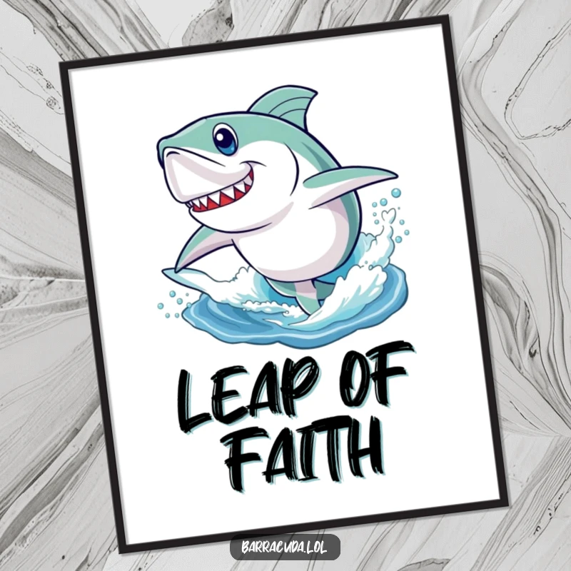 Funny poster of a barracuda with a determined look, playfully leaping energetically out of the water, full of life.