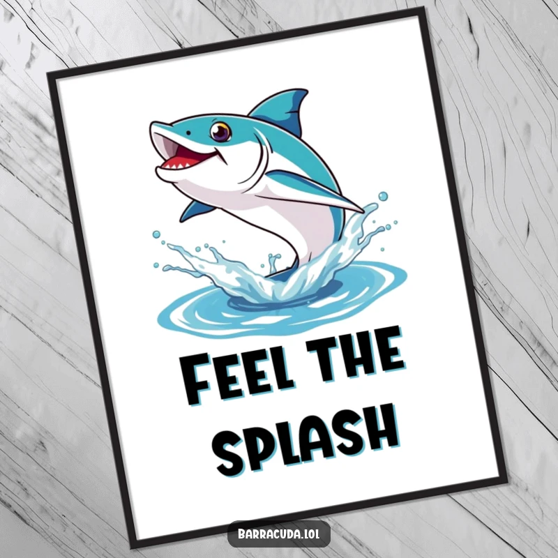 Funny poster of a barracuda executing an impressive, playful leap from the crest of a frothy water splash.
