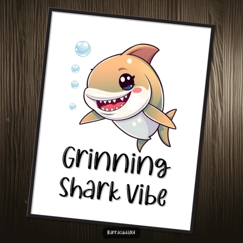 Funny poster of a cute barracuda with a wide, mischievous grin, intently chasing a swarm of translucent, floating bubbles.