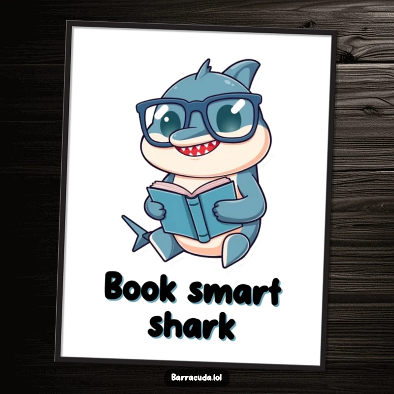Funny poster of a barracuda sporting large, quirky glasses and engrossed in reading a tiny, captivating book.