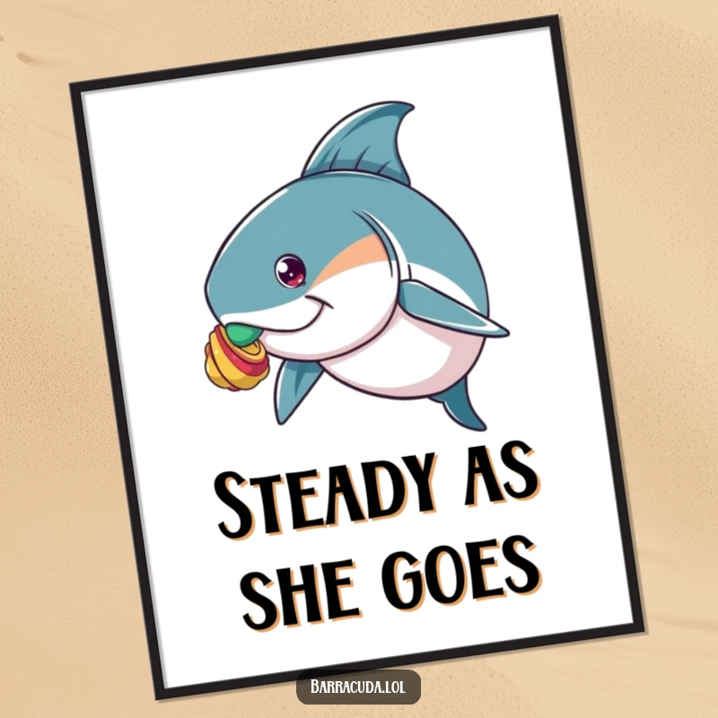 Funny poster illustration of a barracuda meticulously balancing a tiny, colorful shell on the tip of its nose, pure silliness.