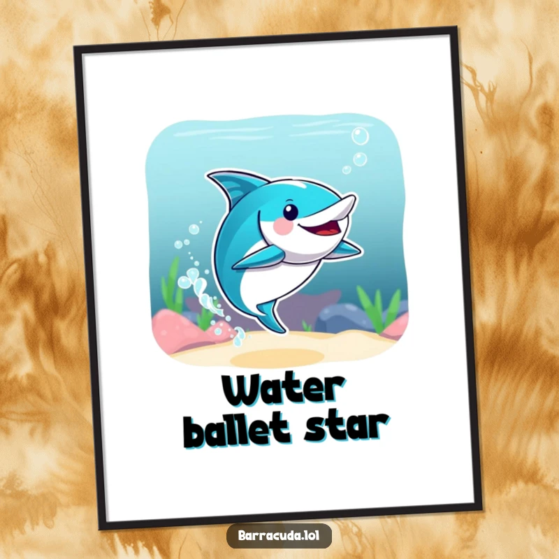 Funny poster of a barracuda performing an exaggerated synchronized swimming move with dramatic water splashes, adding humor to any room.