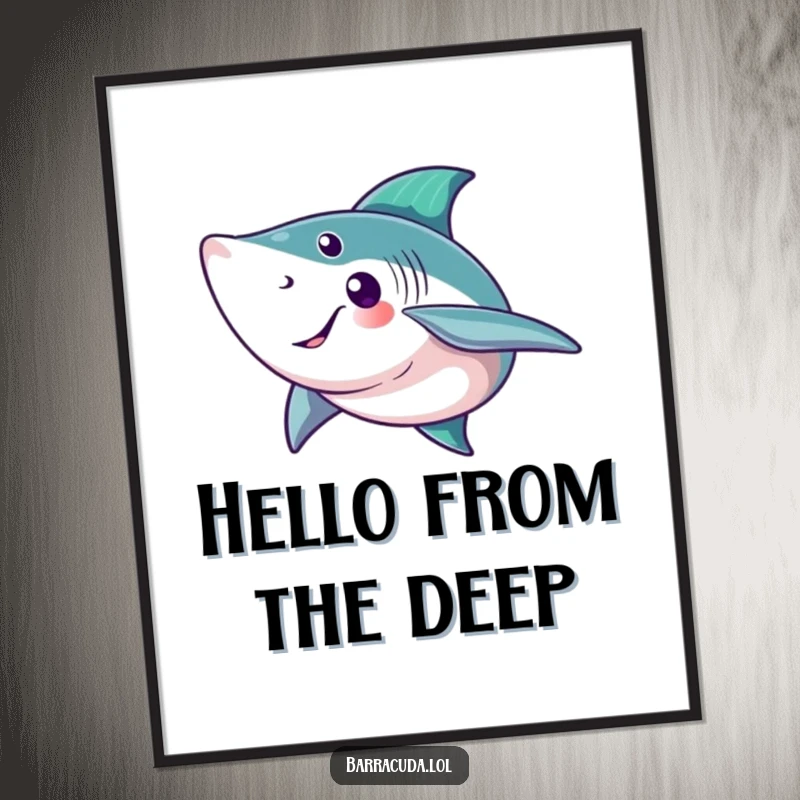 Funny barracuda poster depicting a fish with a big, friendly tail fin wave, perfect for ocean-themed wall art.