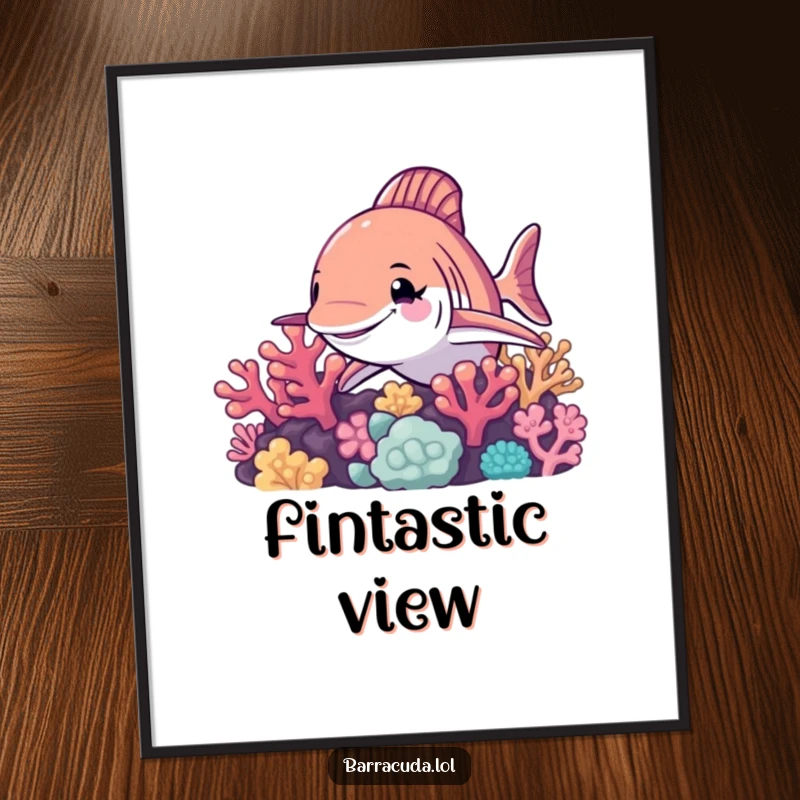 Funny barracuda poster, artistic depiction of a barracuda winking from behind a vibrant coral reef, bringing humor to wall decor.
