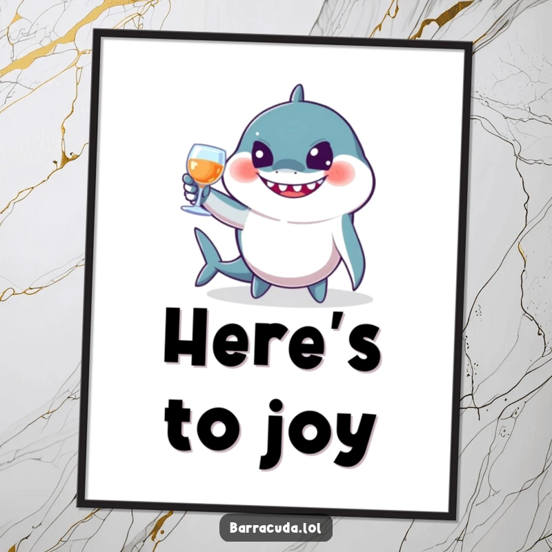 Funny barracuda poster depicting a jovial fish toasting with imaginary glasses, creating festive and humorous wall decor.