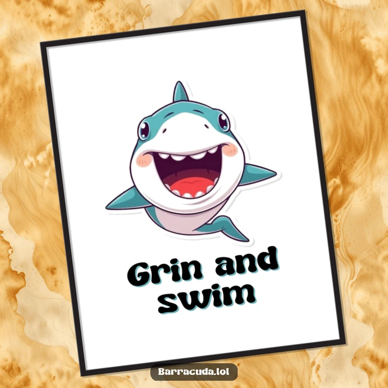 Funny poster art of a kawaii barracuda with a huge, toothy grin, swimming excitedly forward, adding a quirky ocean vibe.