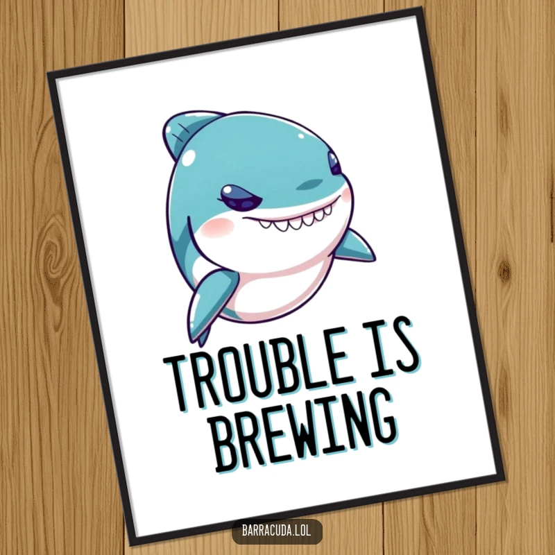 Funny Kawaii Barracuda Poster displaying a mischievous fish with a twinkling eye, adding artistic humor to any wall.