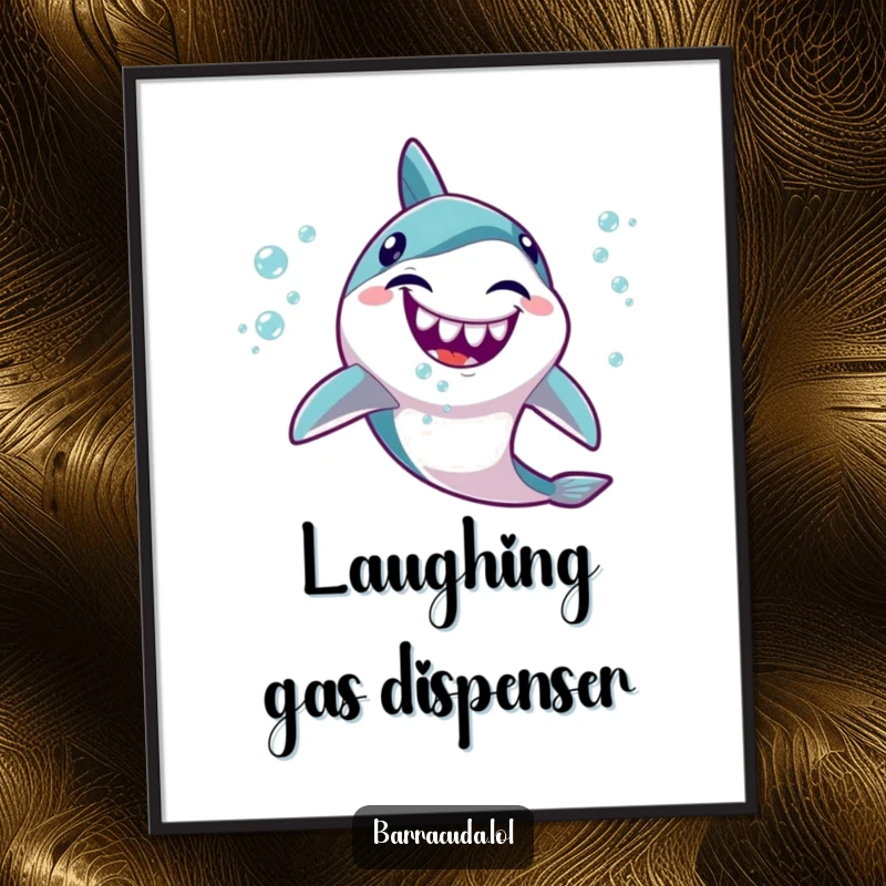Funny Kawaii Barracuda Poster: Art print depicting a cute fish giggling gleefully while releasing a stream of small, happy bubbles.