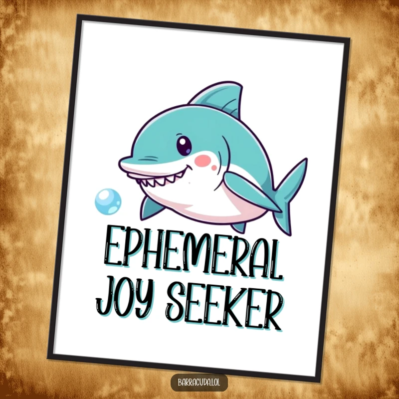 Funny Kawaii Barracuda Poster: Art print showing a cute fish playfully chasing a single, shimmering bubble, evoking lightheartedness.