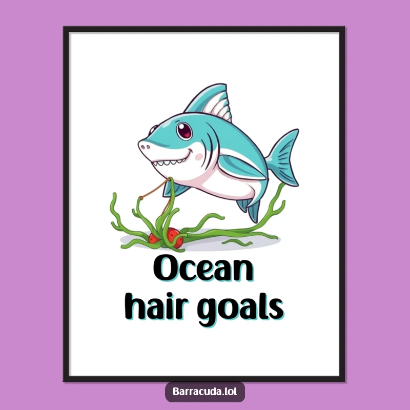 Funny Kawaii Barracuda Seaweed Tug Poster - Adorable Ocean Art Print