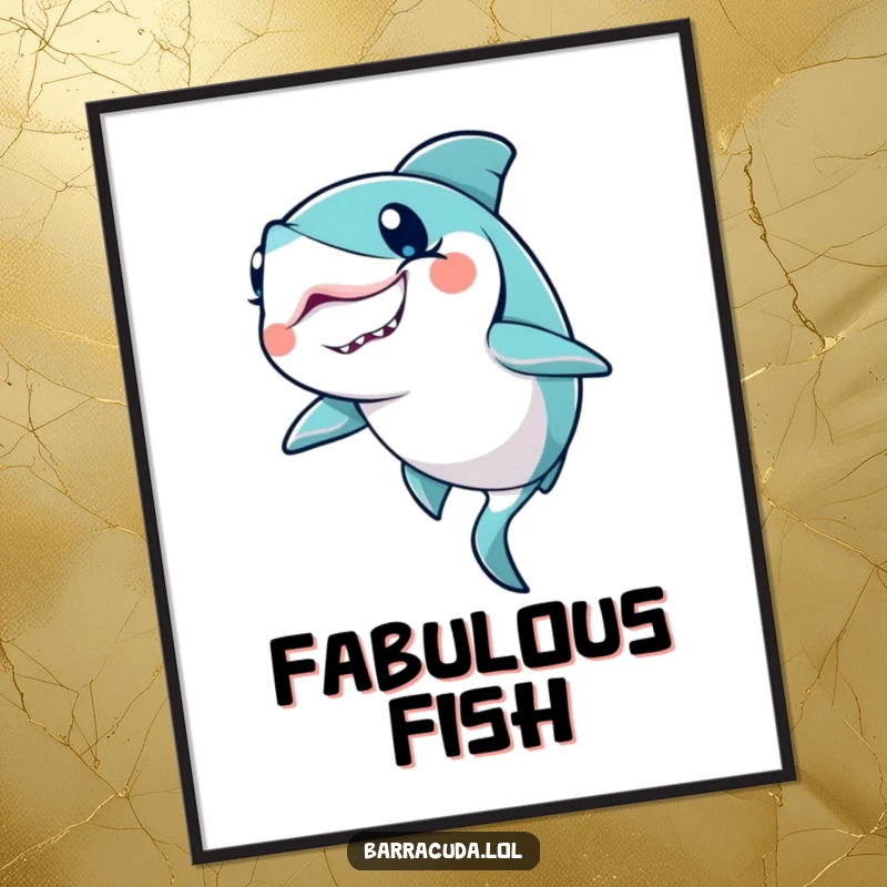 Funny Kawaii Barracuda Poster: a cute barracuda winks with a glitter trail, creating an enchanting ocean art piece.
